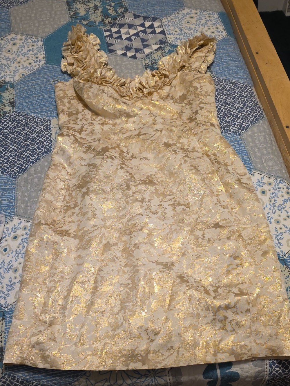 London Times Gold and Cream Floral Brocade Cocktail Dress